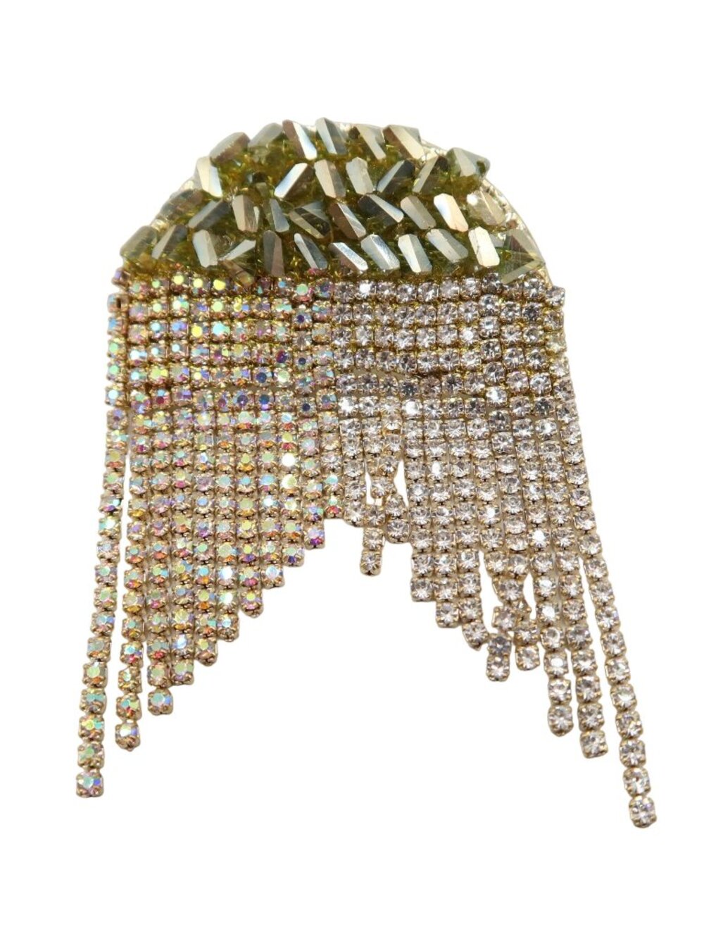 Dazzling Rhinestone Fringe & Beaded Gold Tone Brooch 2.5"x1.5" Unsigned